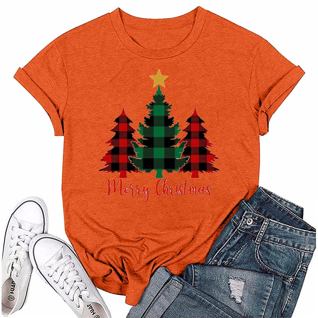 Женский повседневный рождественский принт с короткими рукавами и круглым вырезом, свободный пуловер, топ