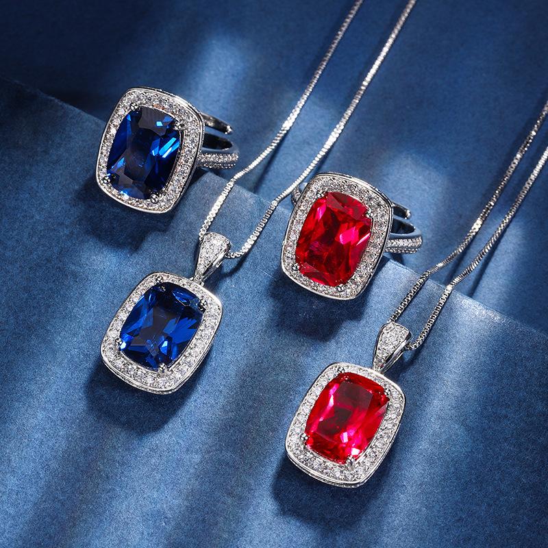 Jewelry Copper Bottom Gold-Plated Simulation Red Corundum Blue Spinel Temperament Fat Square Women'S Set 10 * 14