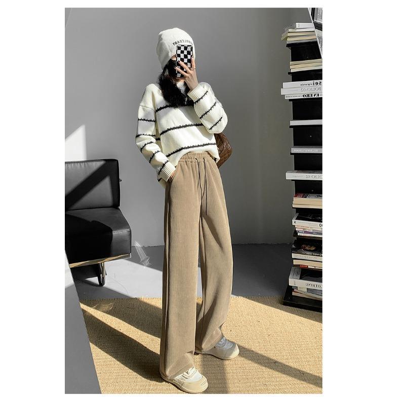 Fashion Women Drawstring Loose Casual Wide Leg Pants Autumn Fleece High Waist Winter Velvet Trousers for Women Elegant Solid Straight Lady Pants 2357