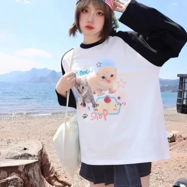 Весенне-осенняя футболка с американским ретро-мультяшным принтом, женские футболки Harajuku с длинным рукавом и круглым вырезом, повседневная футболка большого размера, женские черные топы y2k, уличная одежда