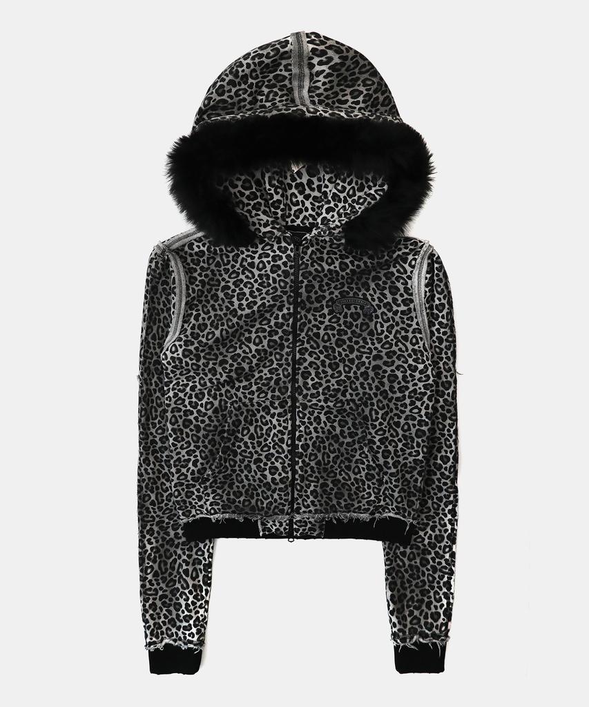 Badblood Raw Edge Detachable Fur Hooded Zip-Up Slim Fit - White Leopard