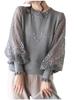 ONE UMB One UMB Lace Puff Sleeve Knit Floral Long Round Plus Solid Size Gray Blouse/Sweater/Top, Pullover, Ribbed, Ruffled, Sheer, Print, Sleeves,