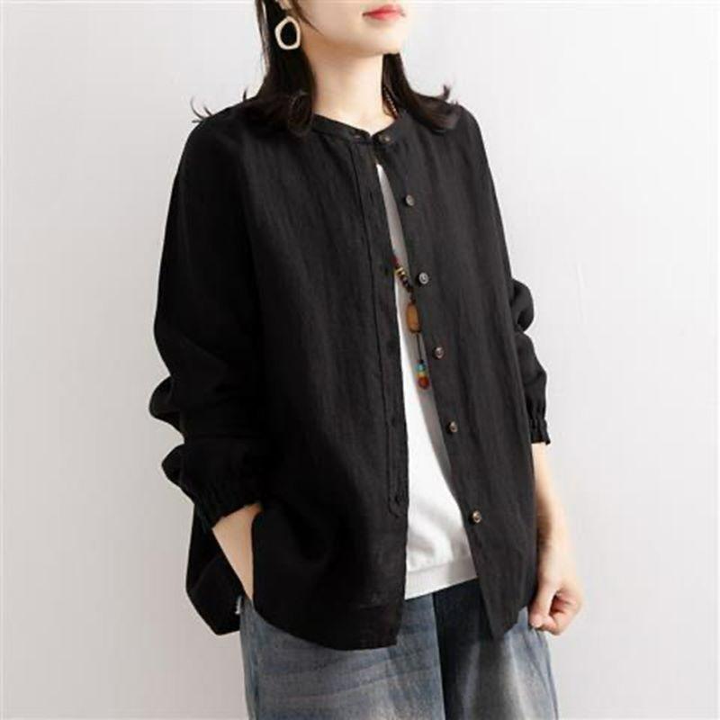 Литературный ретро весна и осень хлопковая и льняная рубашка женская свободная рубашка с круглым вырезом куртка повседневная куртка с закрытыми рукавами женская