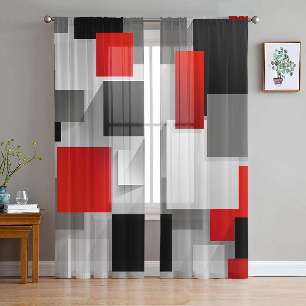 Geometric Figures Red Black Grey Abstract Bedroom Transparent Sheer Curtains Holiday Decoration Window Voile Tulle Curtain