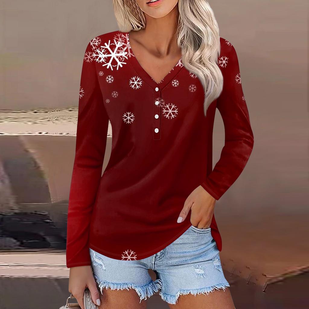 Women's Casual Fashion Sexy Comfort Christmas Printed V-Neck Button Long Sleeve