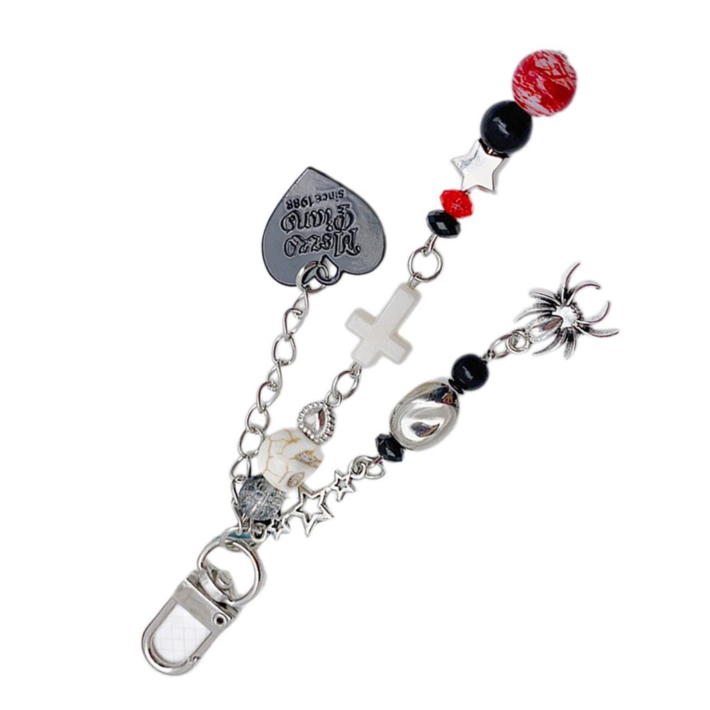 Unique and Stylish Beaded Keyring Dark Themed Skull Heart Cross Pendant Keychain Accessory for Fashion Enthusiasts