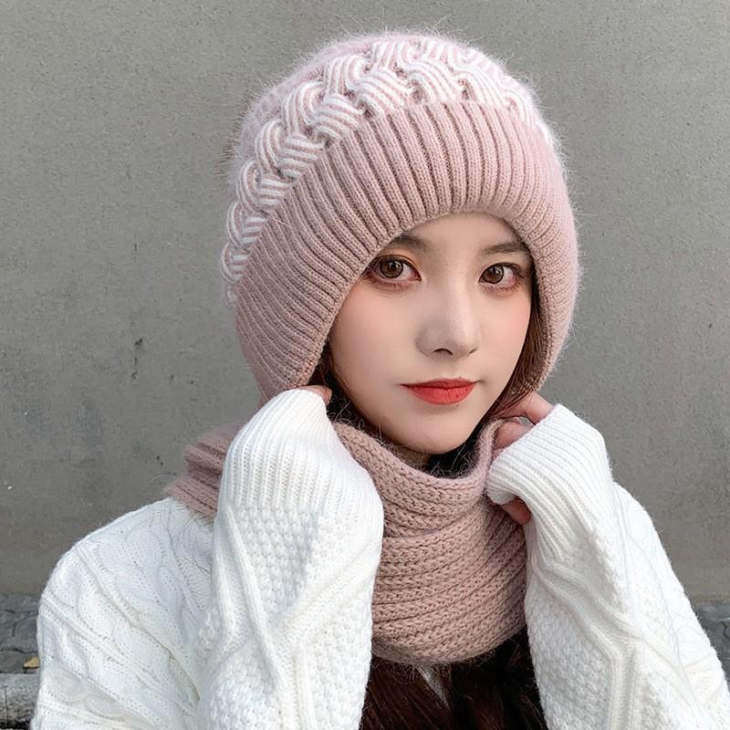 Autumn and Winter Fashion Scarf Hat One-Piece Cute Versatile Knitting Hat Women Ear Protection Neck Brace Thickened for Keep Warmth Knitting Hat