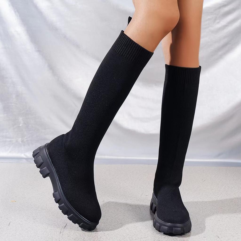 2024 Thick Sole Knitted Long Boots for Women 2024 Elastic Socks Shoes Boots Over Knee Round Toe Low Heels Botas De Mujer 2024