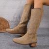 Women's Retro Embroidered V-Cut Martin Boots, Brown Chunky Heel Mid-Calf Cowboy Boots, Western Style Fall Winter Shoes