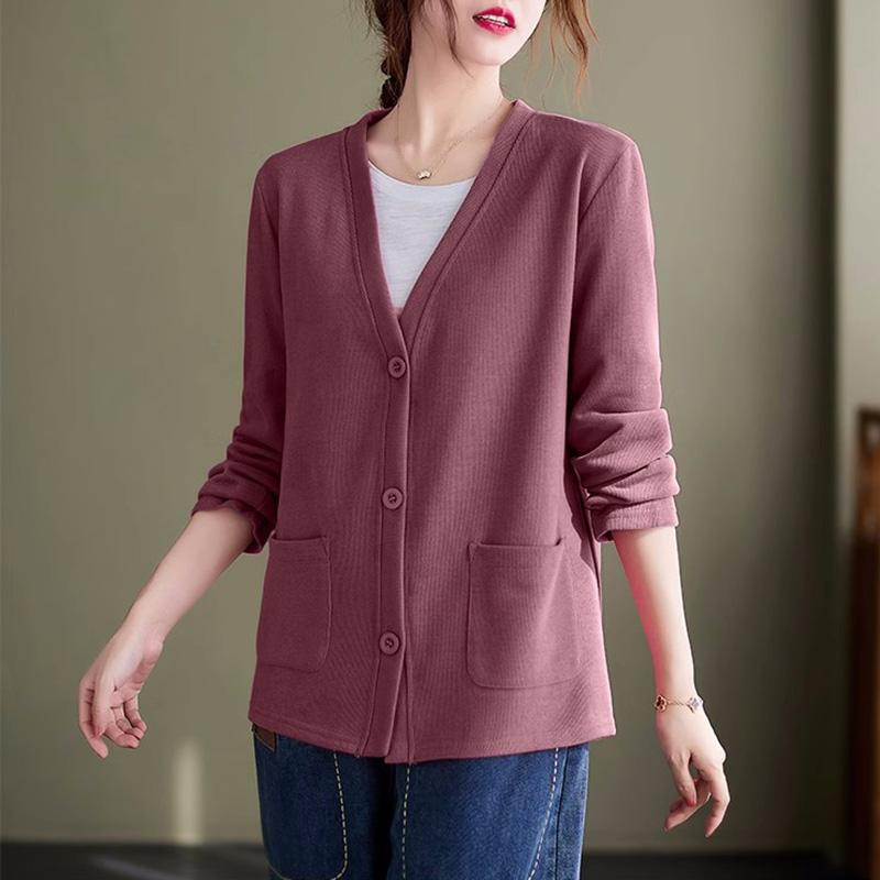 Свитер для женщин, осенний хлопковый вязаный свободный кардиган свободного покроя с V-образным вырезом, женский свободный свитер с длинным рукавом на пуговицах