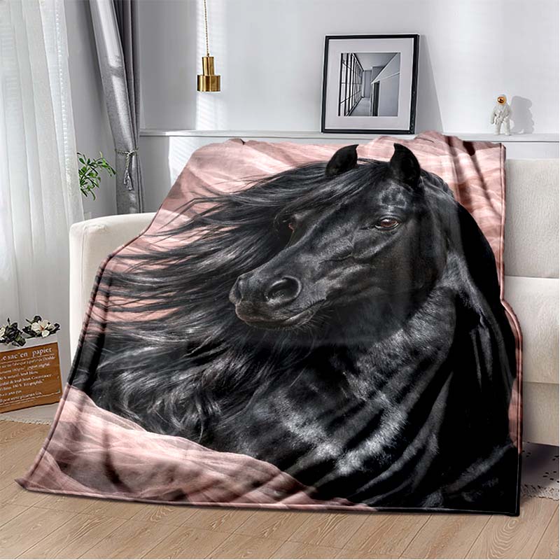 Black Horse with Autumn Maple Leaves and Flowers Flannel Throw Blanket, Horse Portrait Soft Blanket for Sofa Bed Home Decor