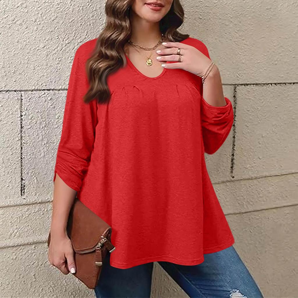 Women's Plus Size Fashion Solid Colour Casual Pleated Round Neck Long Sleeve Top