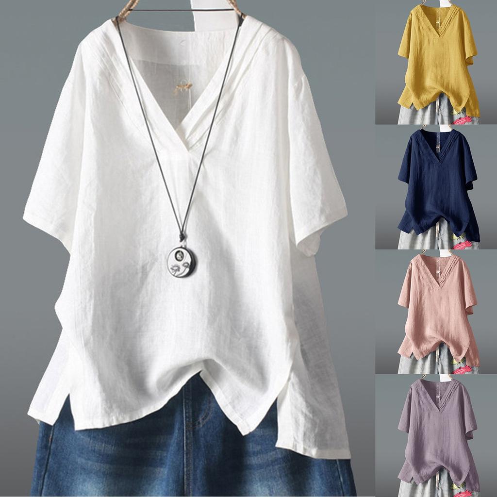 Women's Short Sleeve Cotton Linen Shirts Tunic Loose Large Ladies Tops and Blouses Casual White Shirt Clothes