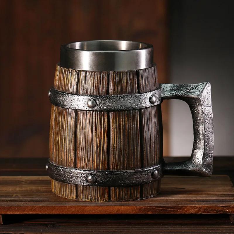 Винтажная дубовая бочка Viking, пивная кружка с вкладышем из нержавеющей стали, кофейная чашка, чайная кружка, большая вместительная кружка, подарок для паба-бара