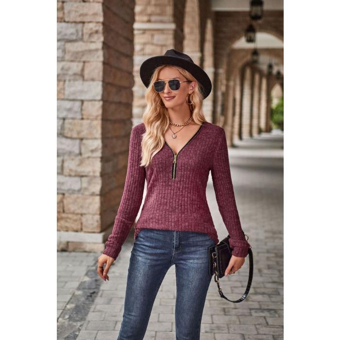 Осенний женский свитер, однотонная рубашка в полоску с v-образным вырезом и молнией, нижняя рубашка с длинными рукавами