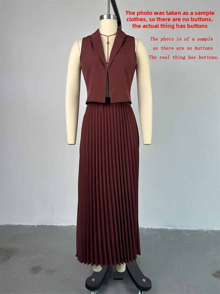 Летний женский костюм 2024 года: Жилет с воротником-стойкой и плиссированной юбкой средней длины