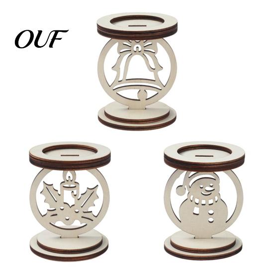 Natural Wood Carving Crafts 3Pcs Christmas Wooden Candle Holder, Detachable Tealight Stand with Hollow Rustic Base Carved Snowman/Bell/Candle