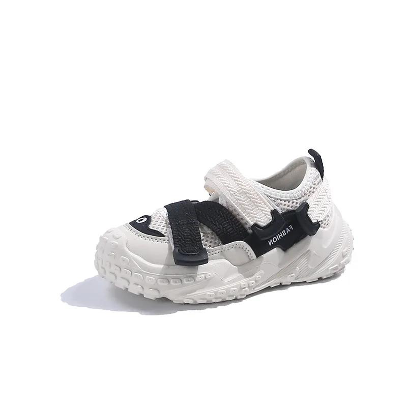 Kids Summer Running Shoes 2024 New Breathable Casual Sports Shoes with Cross Strap Neutral Hollow Breathable Sneakers Hook&loop