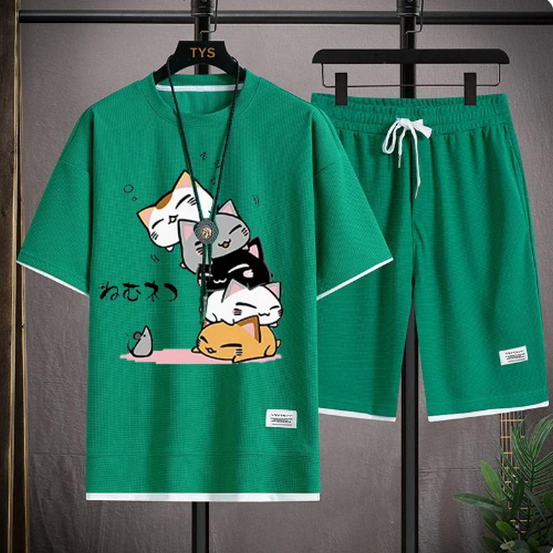 2024 Мужской летний вафельный комплект, брендовая мода, повседневный комплект из футболки и шорт, мужской спортивный комплект, свободный, удобный, комплект из двух предметов