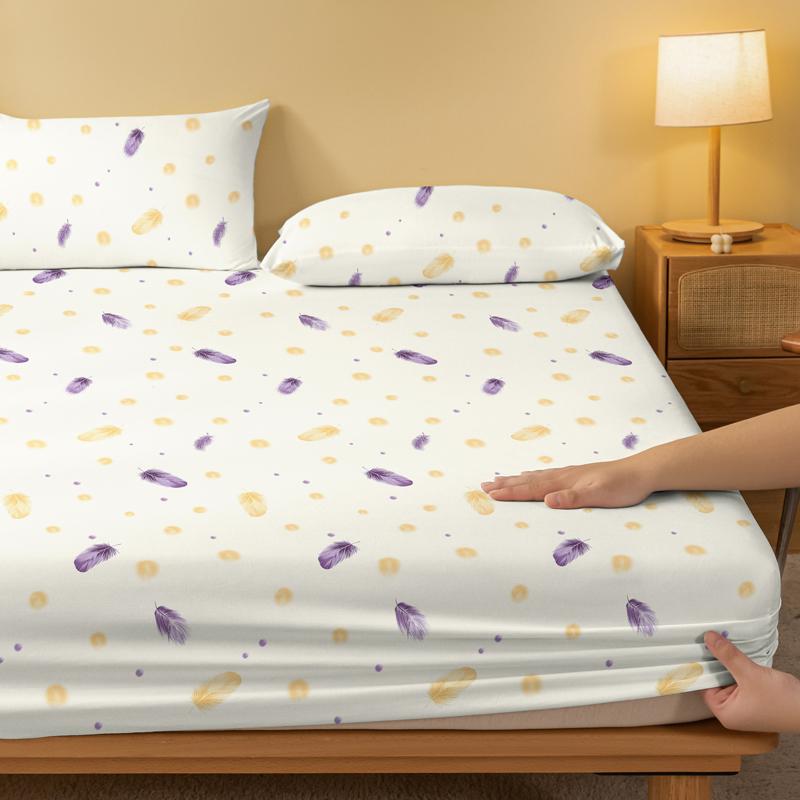 1 Simple Modern Feather Printed Matte Fitted Sheet, Bedroom Printed Bed Cover, Bedding (Excluding Pillowcases)
