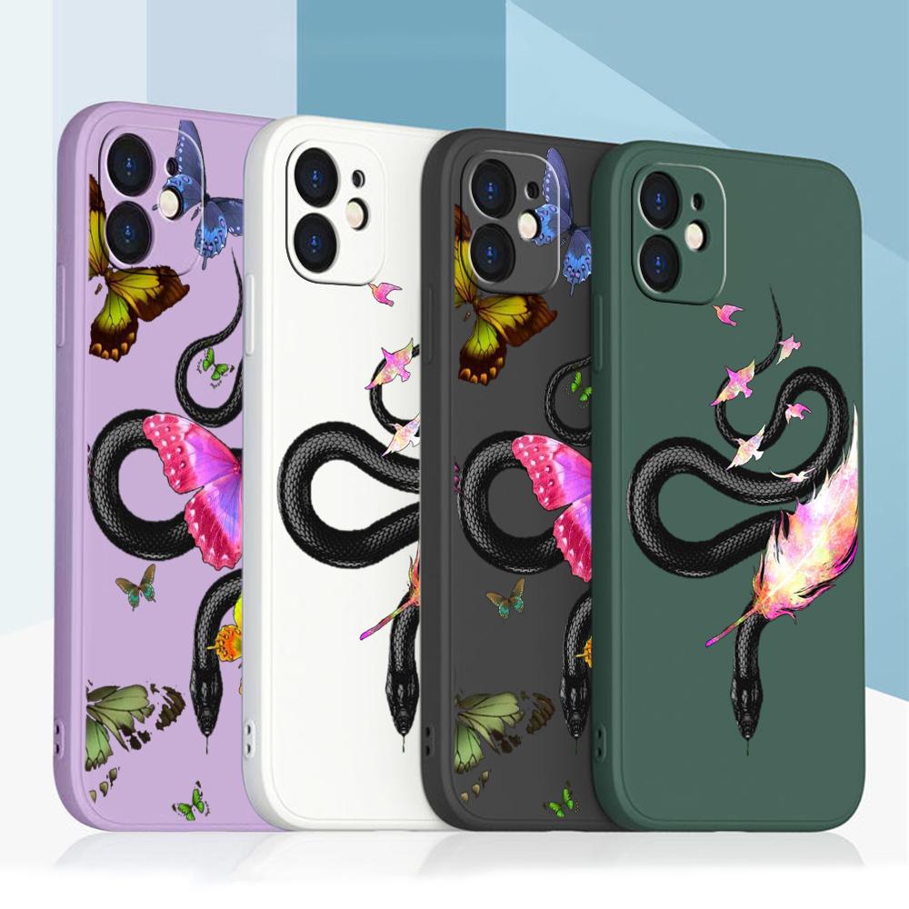 N77 Бабочка Черное Золото Змея с ремешком Силиконовые чехлы для телефонов с прямыми краями для Xiaomi Poco X5 Redmi Note 13 Pro 12C Realme Huawei Противоударный чехол