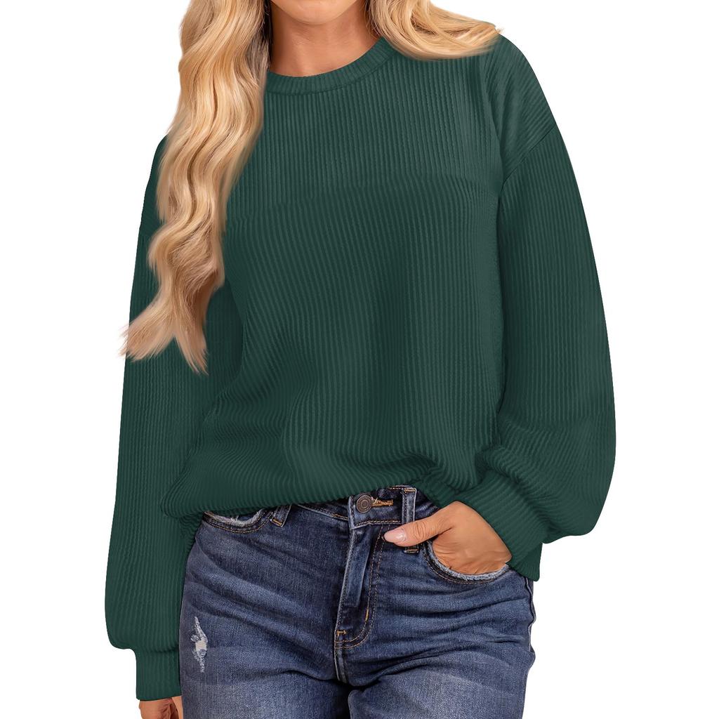 Женская мода однотонный нитка длинный рукав свободный круглый вырез пуловер топ