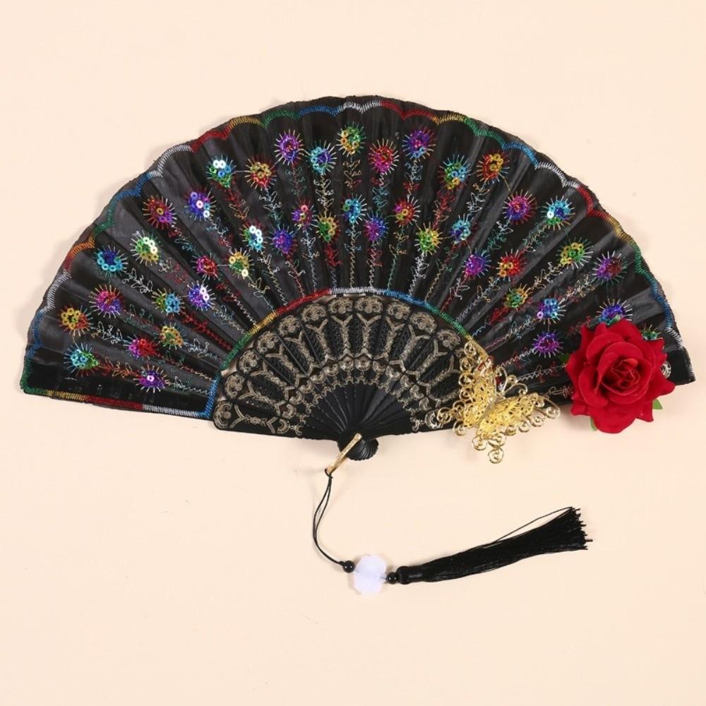 Sequin Decorated Spanish Handheld Fan Embroidered Flamenco Dance Fan New Gothic Dance Fan