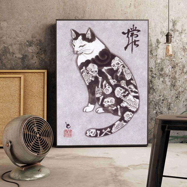Solid Wood Frame Japanese Floating Samurai Cat Canvas Painting Retro Style Posters and Prints Wall Art Pictures for Living Room Wall Decor