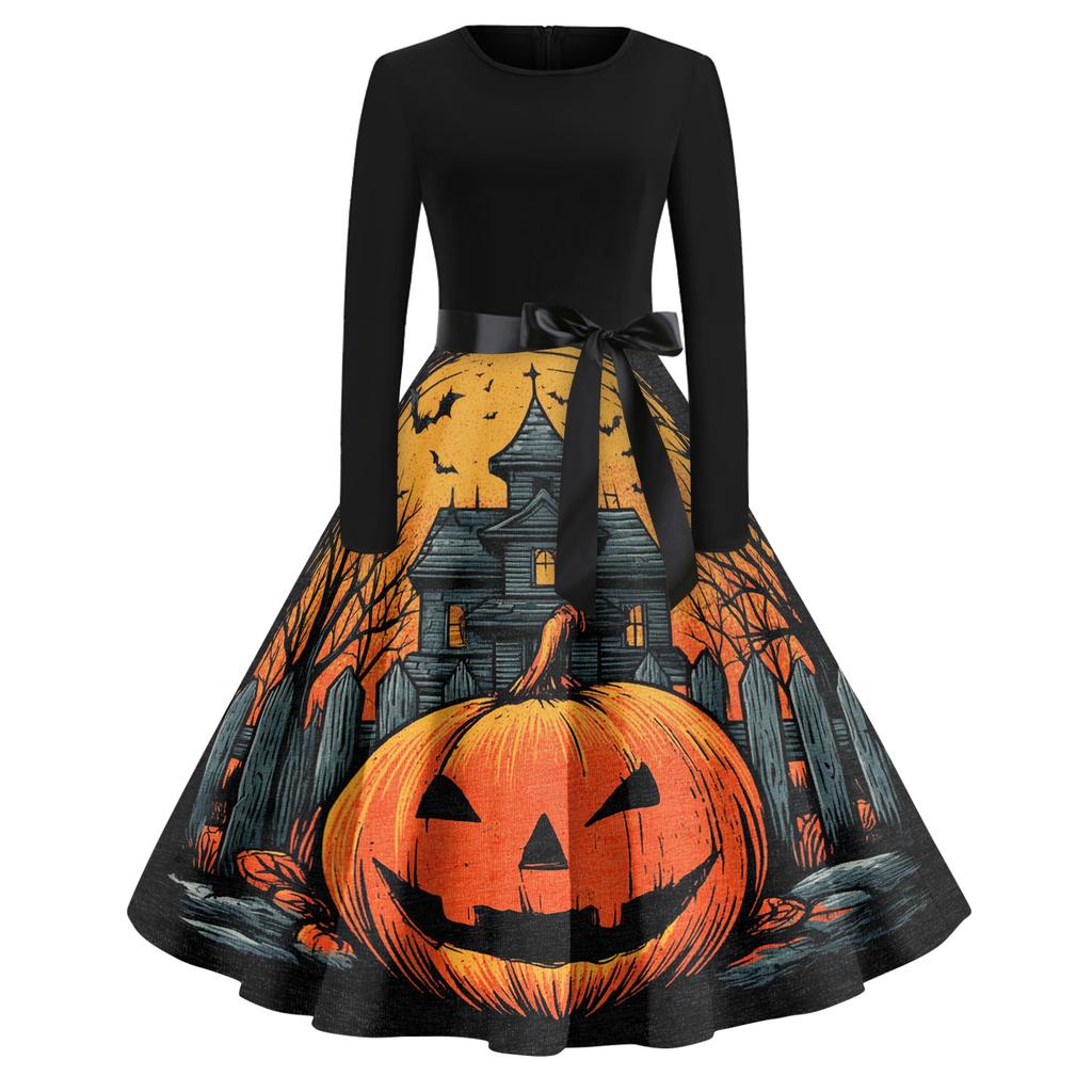 Women's Casual Fashion Round Neck Halloween Printed Vintage Dress
