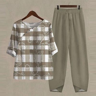 Комплект из топа и брюк с эластичным поясом, модный комплект с круглым вырезом, женский шаровар с цветочным принтом в клетку и широкими штанинами