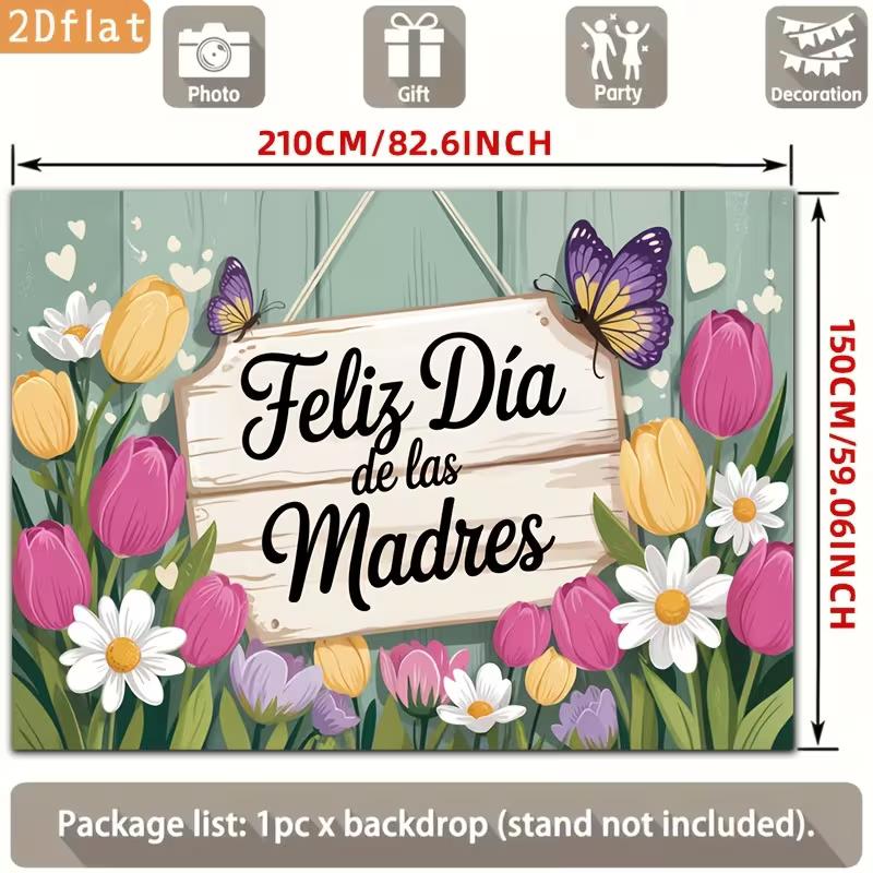 2D Feliz Día de las Madres Photography Backdrop, Rustic Wood Sign with Tulips and Butterflies Background