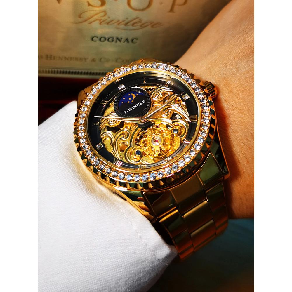 Gold Wristwatches Moon Phase Design Luxury Retro Style Diamond Mechanical Watch Stainless Steel Bracelet Skeleton Tourbillon Men Automatic Watches
