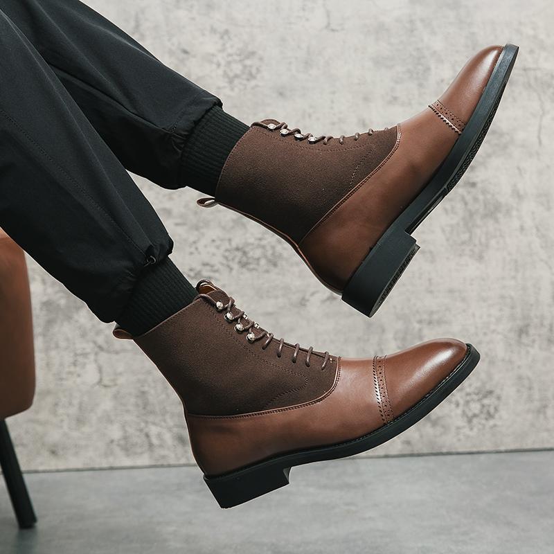 Новые модные коричневые мужские короткие ботинки, черные флоковые ботинки со шнуровкой и квадратным носком, деловые ботильоны для мужчин Bottes Pour Hommes