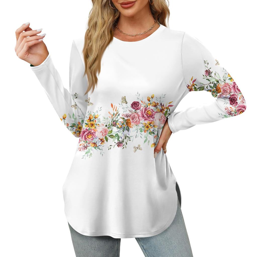 Женские рубашки с длинным рукавом и круглым вырезом, базовые свободные туники с боковым разрезом, повседневные рубашки с цветочным принтом