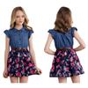 Kids Floral Print Dress Lapel Collar Flutter Sleeve Button Closure Denim Top Elastic Waist A Line Summer Dress