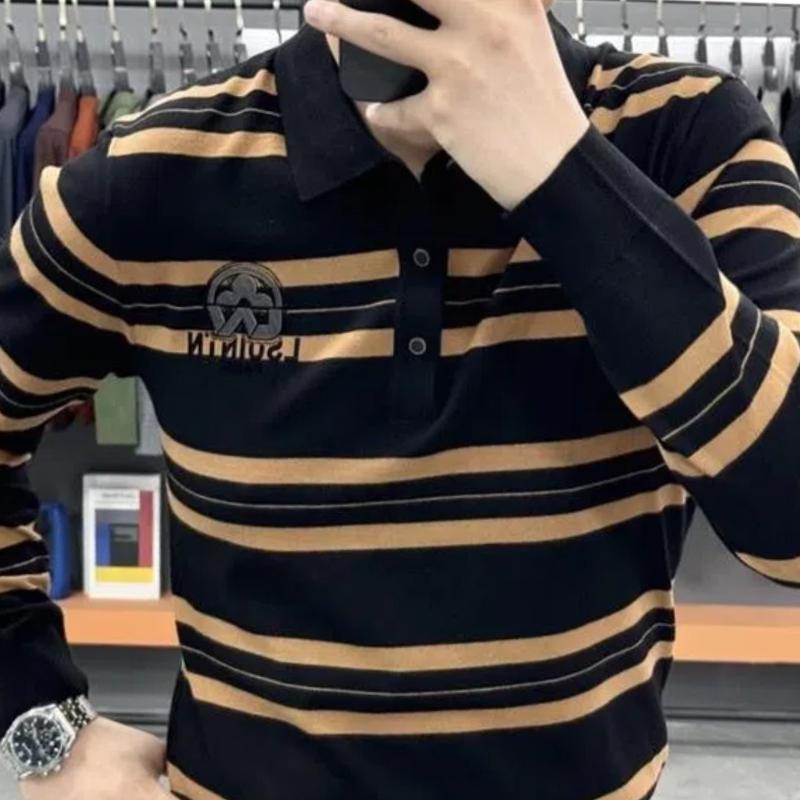 Осенняя простая роскошная полосатая контрастная рубашка поло с длинными рукавами и воротником, трикотажная для мужчин