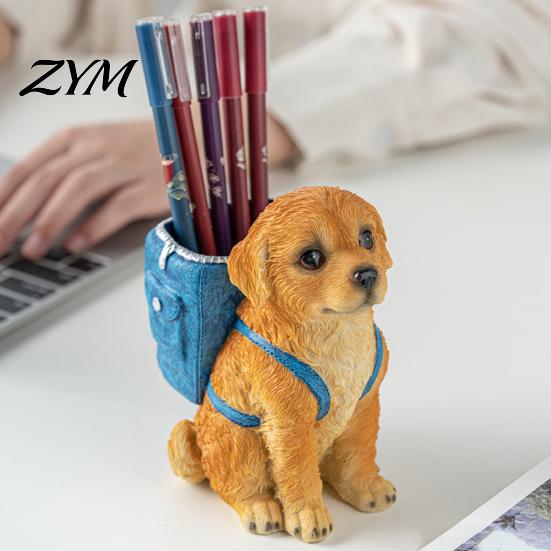 Resin Craft Gift for Kids Golden Puppy Backpack Pen Holder, Cute Animal Stationery Storage Ornament, Desktop Organizer, Office And Study Functional