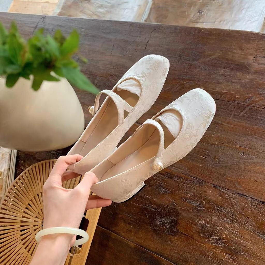 Fashion Flat Shoes for Women 2025 Spring and Autumn Pearl Square Toe Jacquard Mary Jane Shoes Ladies Loafers Women Zapatos De Mujer