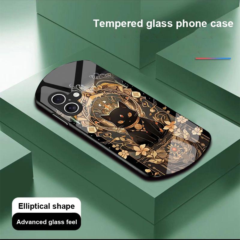 Черный Золотой Кот для Apple iPhone 16 11 13 15 14 Pro Max 12 Mini 7 8 Plus XR X XS Чехол для телефона из закаленного стекла эллиптической формы