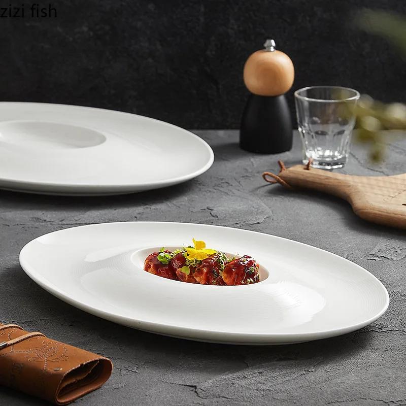 Dumpling Plate with Vinegar Dish Oval Ceramic Dinner Plate Soup Plates Dessert Bowl Sashimi Plates Fruit Dish Dim Sum Dish Tray