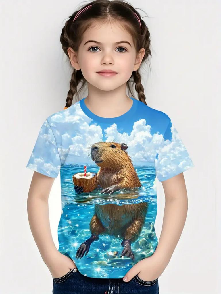 Cute capybara pattern children's clothing, girls' short-sleeved T-shirts, loose-fitting pullovers, boys' casual T-shirts.