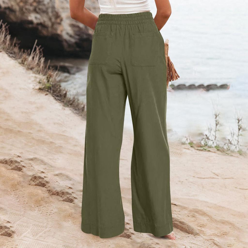 Cotton And Linen Trousers, Summer Wide-Legged Casual Loose High-Waisted Wide-Leg Trousers With Pockets
