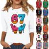 Women's Fashionable Casual Three-Quarter Sleeve Printed  Neck T-Shirt Top