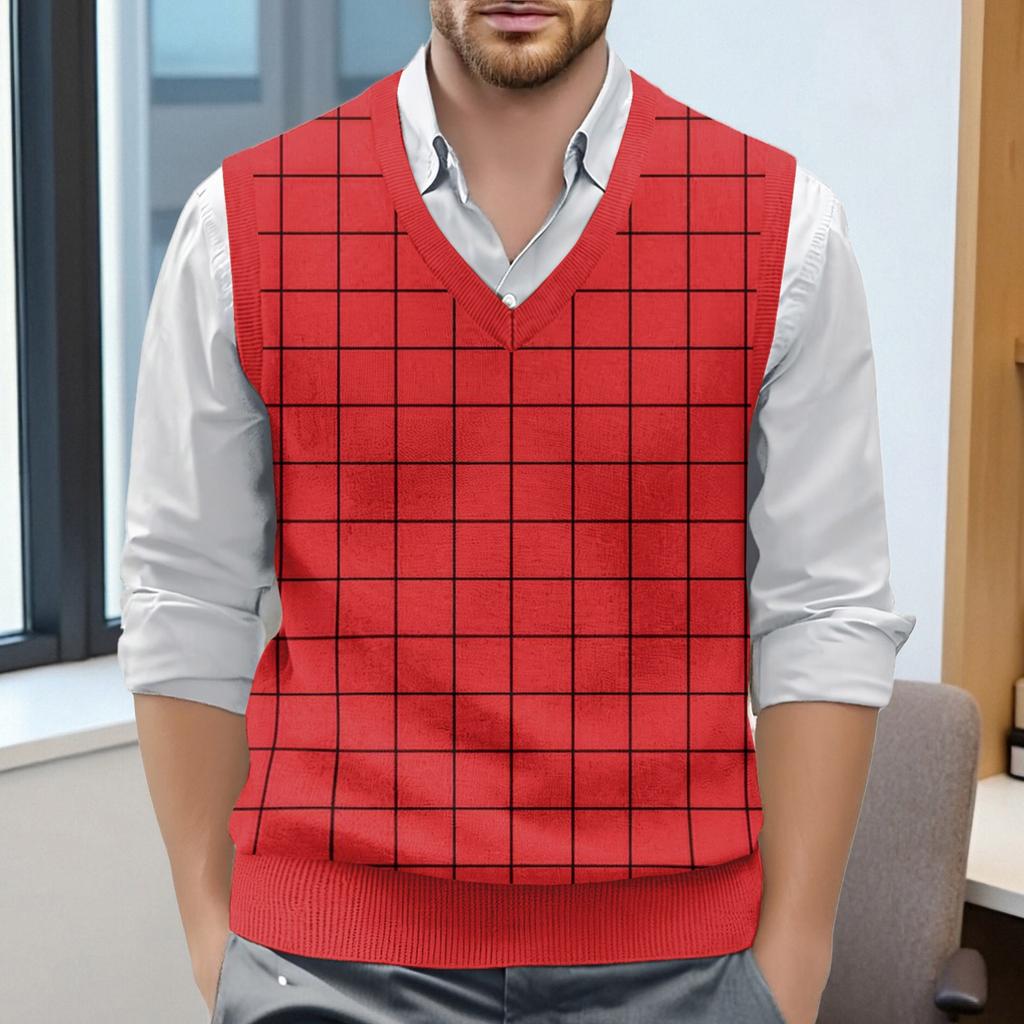 Мужской жилет без рукавов с клетчатым принтом и V-образным вырезом, вязаный джемпер