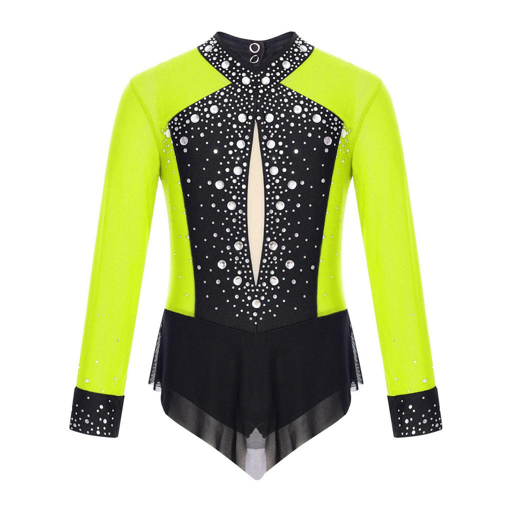 Девочки Блестящий Стразы Гимнастический Купальник Color Block Прозрачная Сетчатая Вставка Юбка Боди Фигурное Катание Танцы Гимнастика