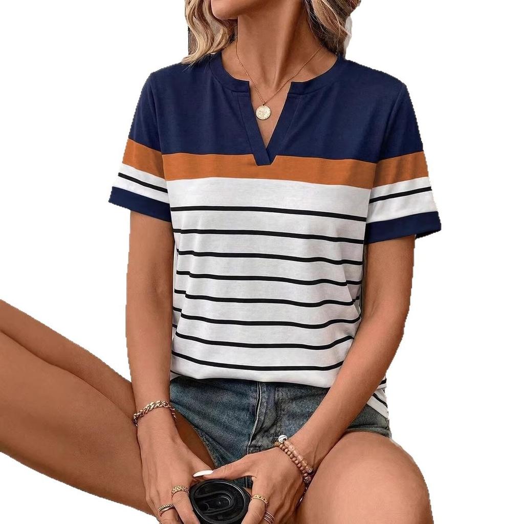 Casual style blue and white striped small V-neck short-sleeved T-shirt women's loose and thin versatile top