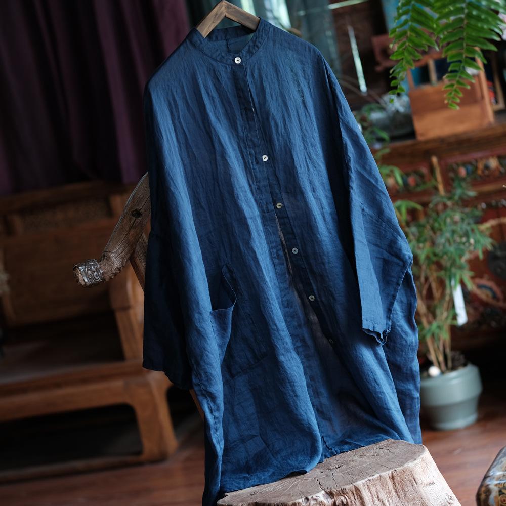 Johnature Женские винтажные длинные рубашки с длинным рукавом, однотонные летние блузки с карманами на пуговицах