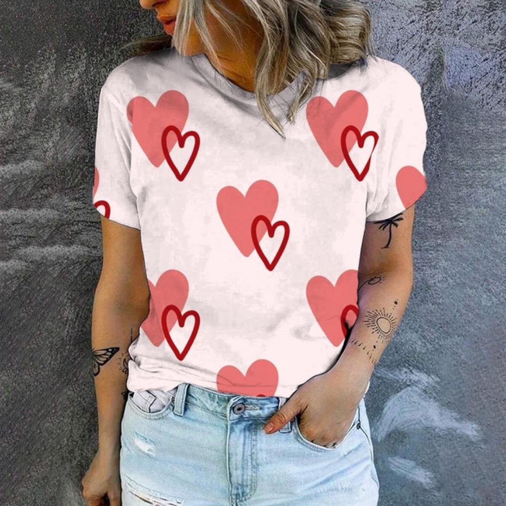 Женская футболка, модная розовая футболка с принтом в виде сердца, женская футболка для отдыха с коротким рукавом, популярная футболка лета 2024 года