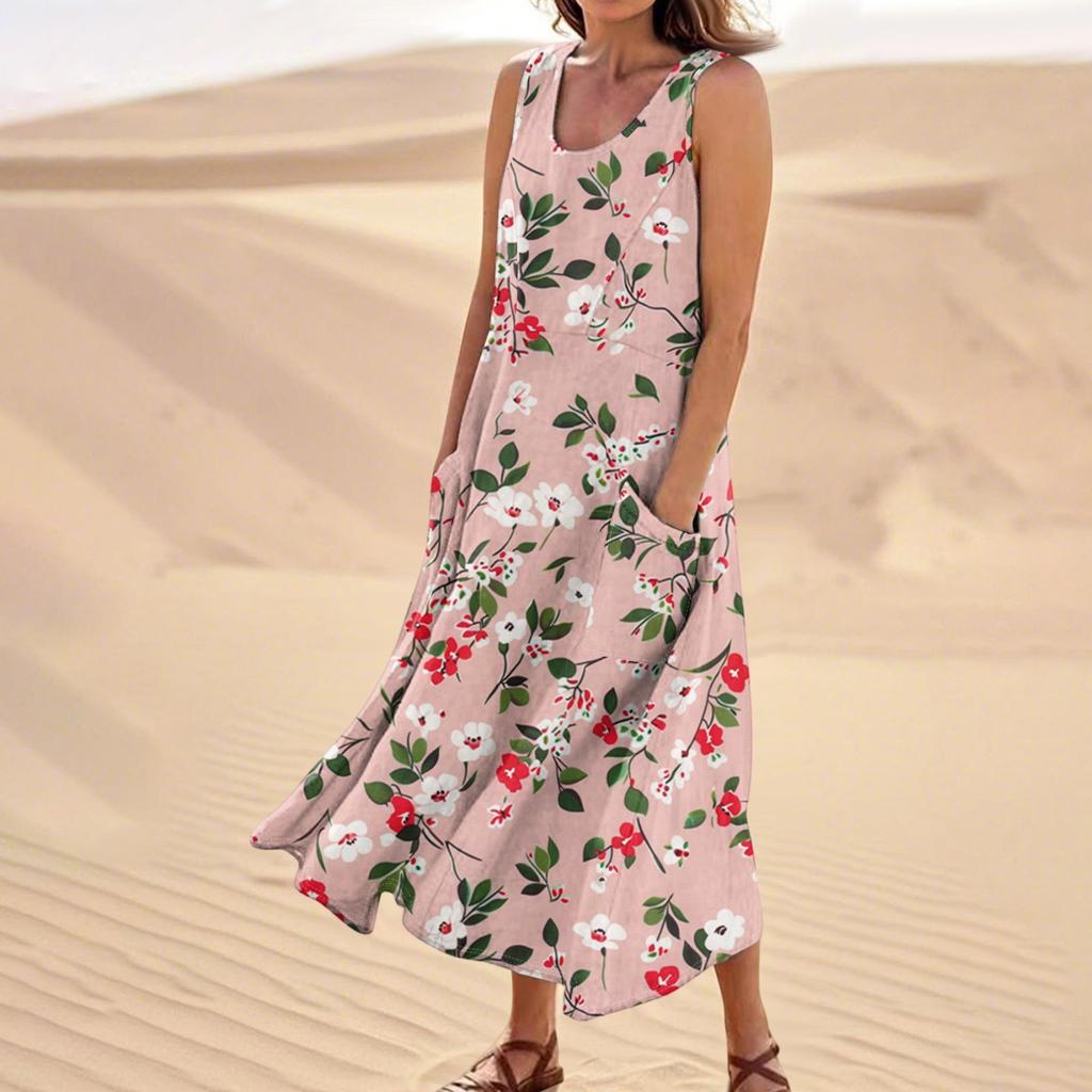 Женское летнее повседневное модное платье без рукавов с цветочным принтом и карманом