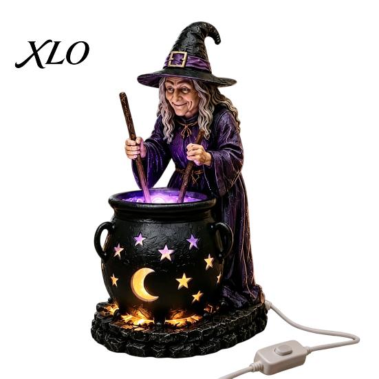 Halloween Witch Cauldron Decor Statue with Glowing Cauldron, USB Powered Resin Black Creative Gift for Friends Pot Figurine Green/Purple LED